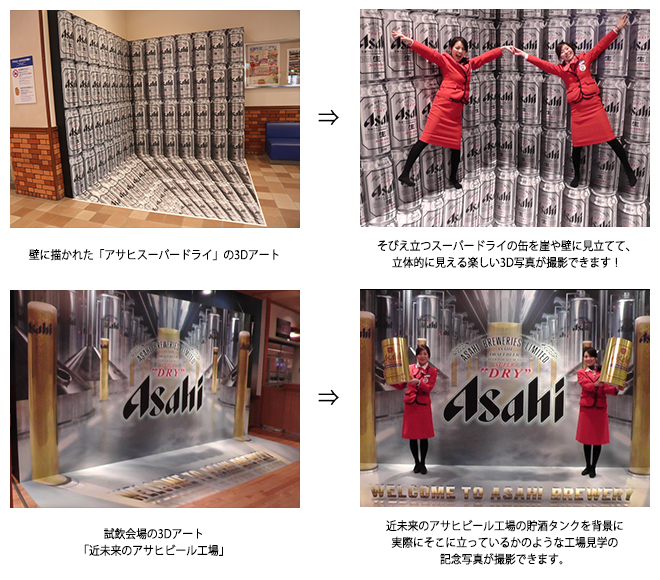 壁に描かれた「アサヒスーパードライ」の3Dアート⇒そびえ立つスーパードライの缶を崖や壁に見立てて、立体的に見える楽しい3D写真が撮影できます! 試飲会場の3Dアート「近未来のアサヒビール工場」⇒近未来のアサヒビール工場の貯酒タンクを背景に実際にそこに立っているかのような工場見学の記念写真が撮影できます。